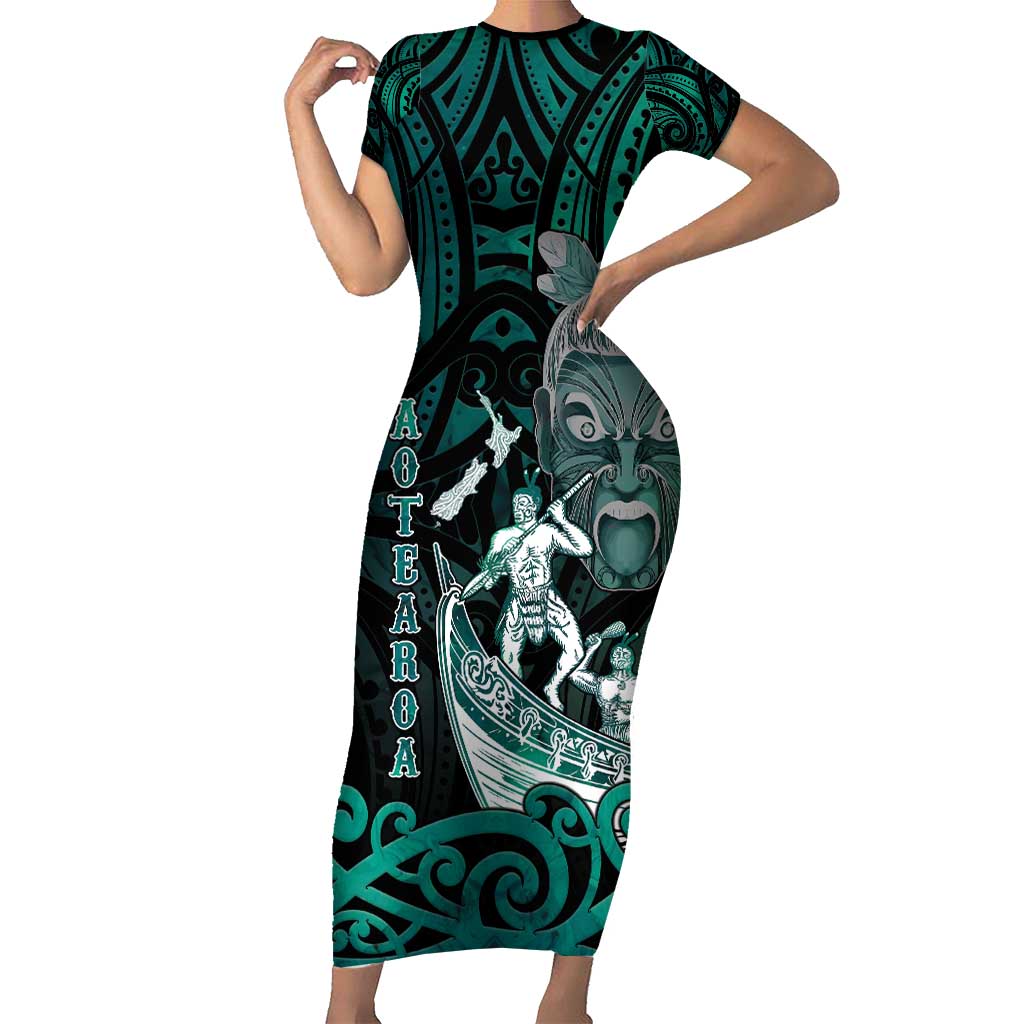 Personalised New Zealand Waka Racing Family Matching Short Sleeve Bodycon Dress and Hawaiian Shirt Maori Warriors LT05 Mom's Dress Green - Polynesian Pride