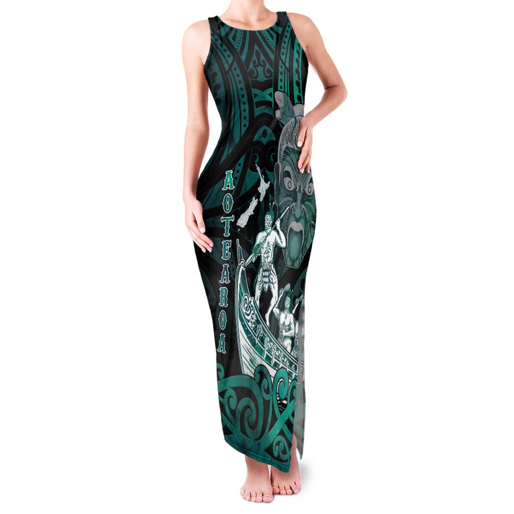 Personalised New Zealand Waka Racing Family Matching Tank Maxi Dress and Hawaiian Shirt Maori Warriors LT05 Mom's Dress Green - Polynesian Pride