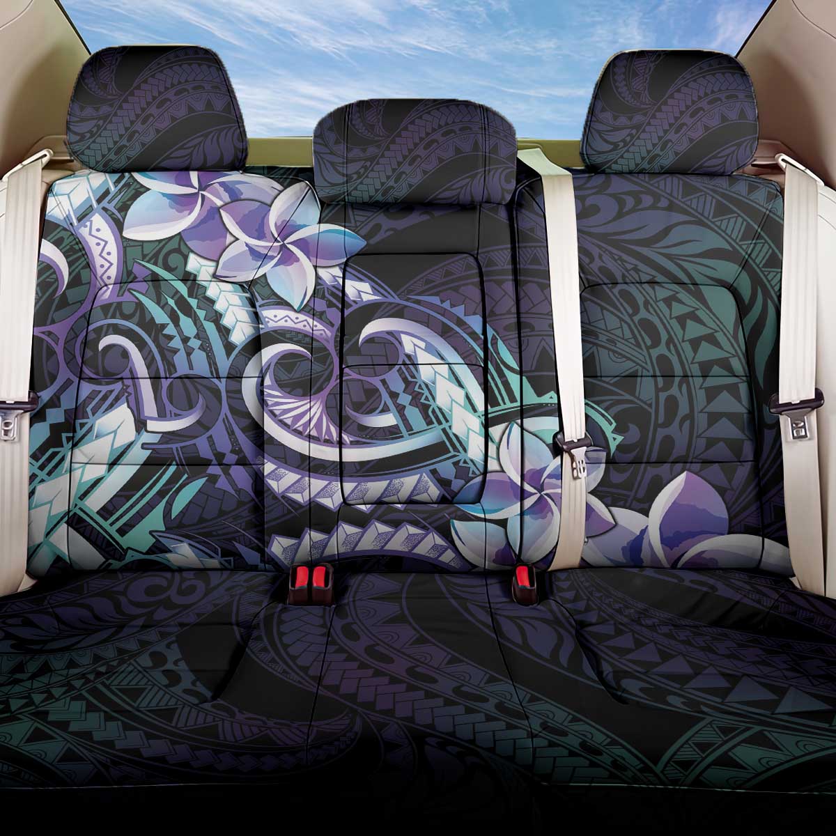 Polynesian Art Tattoo Back Car Seat Cover Plumeria Flowers Turquoise Gradient