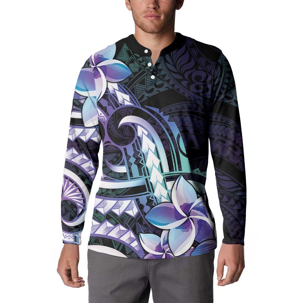 Polynesian Art Tattoo Button Sweatshirt Plumeria Flowers Turquoise Gradient