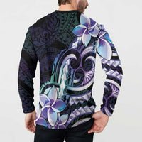 Polynesian Art Tattoo Button Sweatshirt Plumeria Flowers Turquoise Gradient