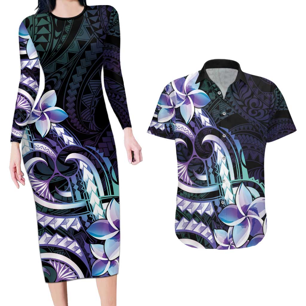 Polynesian Art Tattoo Couples Matching Long Sleeve Bodycon Dress and Hawaiian Shirt Plumeria Flowers Turquoise Gradient