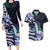Polynesian Art Tattoo Couples Matching Long Sleeve Bodycon Dress and Hawaiian Shirt Plumeria Flowers Turquoise Gradient
