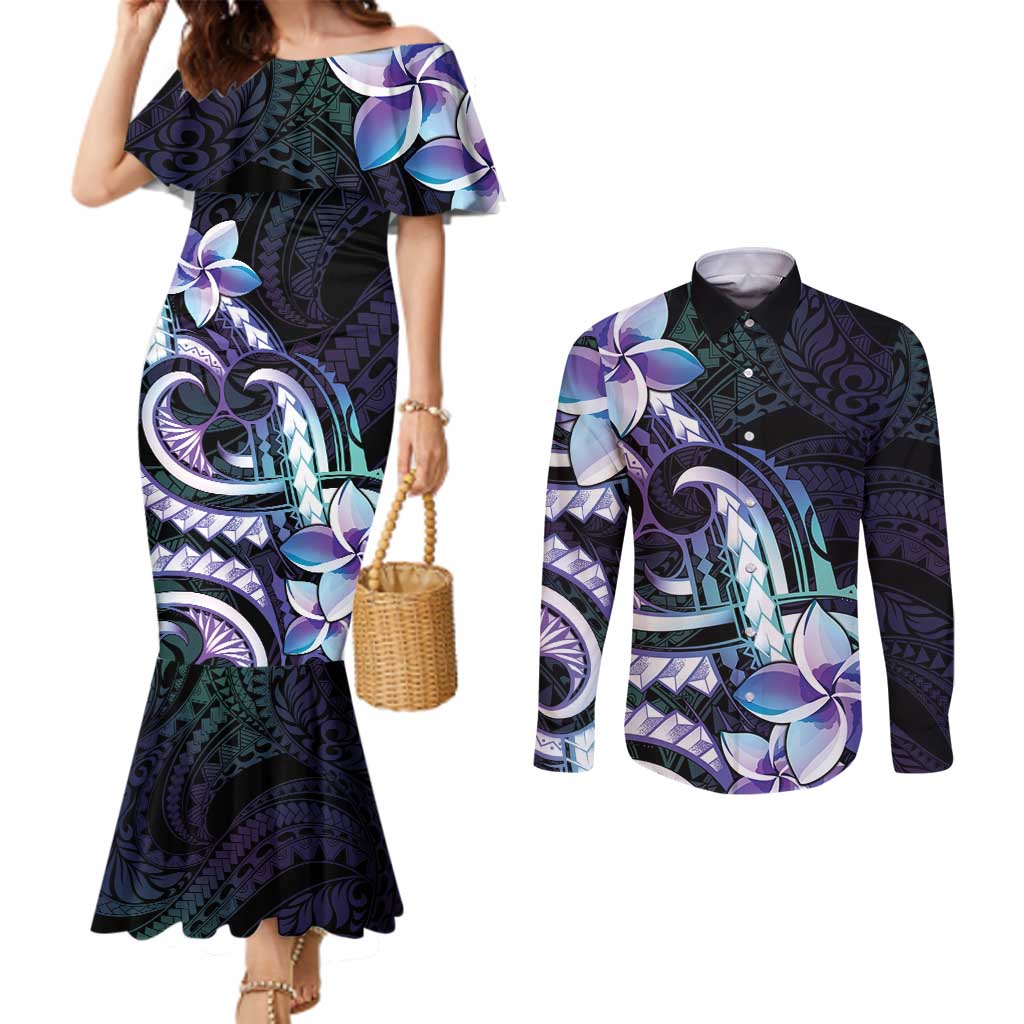 Polynesian Art Tattoo Couples Matching Mermaid Dress and Long Sleeve Button Shirt Plumeria Flowers Turquoise Gradient