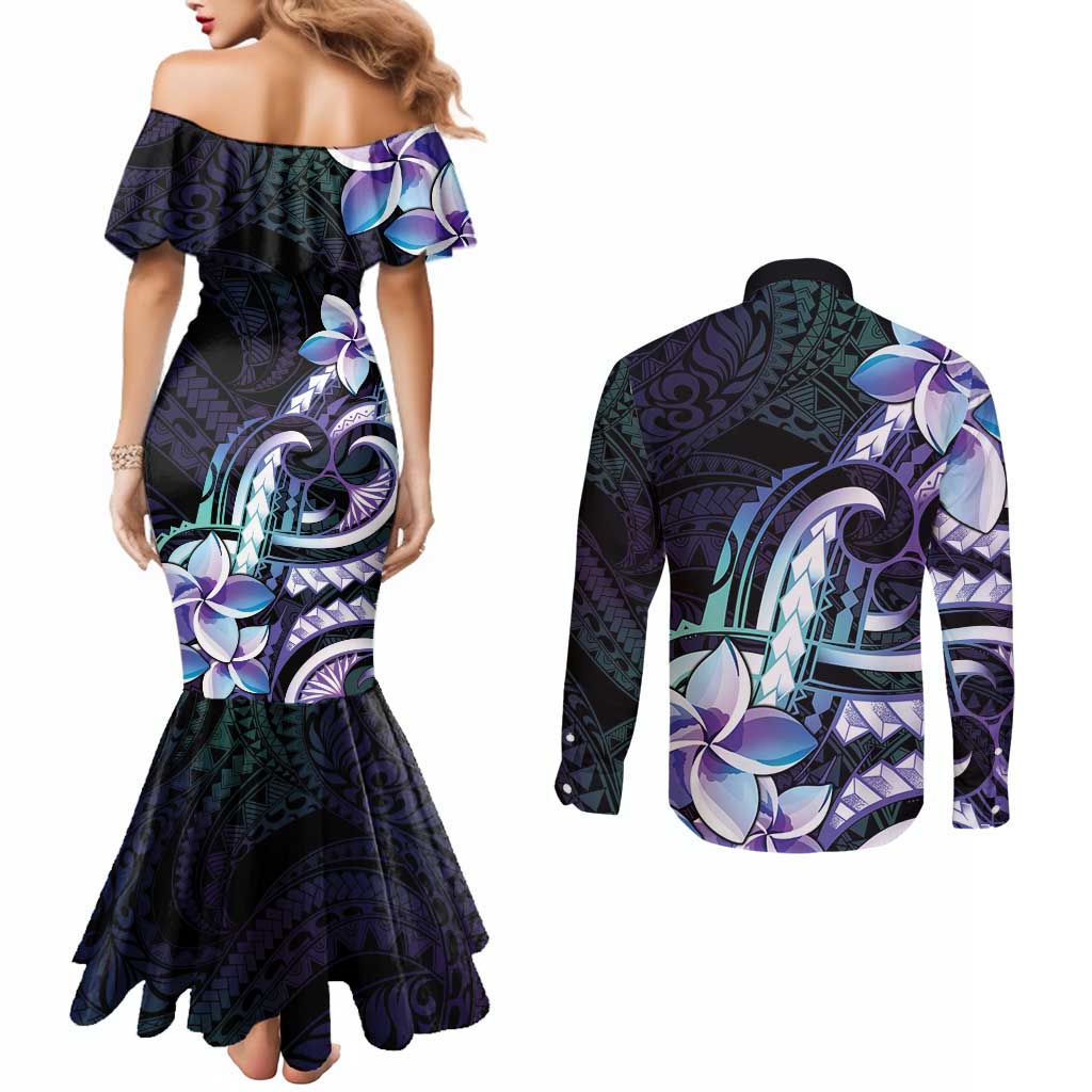 Polynesian Art Tattoo Couples Matching Mermaid Dress and Long Sleeve Button Shirt Plumeria Flowers Turquoise Gradient