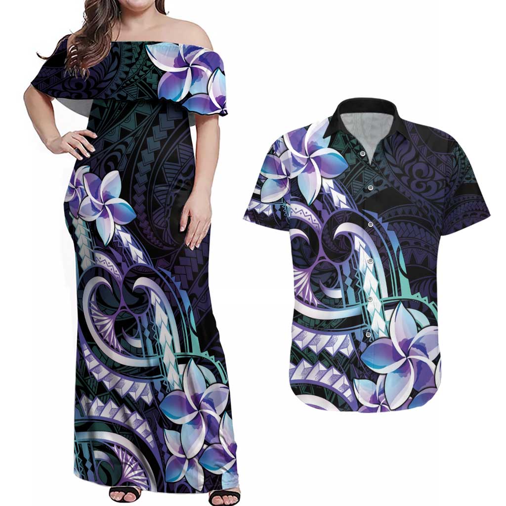Polynesian Art Tattoo Couples Matching Off Shoulder Maxi Dress and Hawaiian Shirt Plumeria Flowers Turquoise Gradient