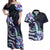Polynesian Art Tattoo Couples Matching Off Shoulder Maxi Dress and Hawaiian Shirt Plumeria Flowers Turquoise Gradient