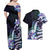 Polynesian Art Tattoo Couples Matching Off Shoulder Maxi Dress and Hawaiian Shirt Plumeria Flowers Turquoise Gradient
