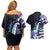 Polynesian Art Tattoo Couples Matching Off Shoulder Short Dress and Hawaiian Shirt Plumeria Flowers Turquoise Gradient
