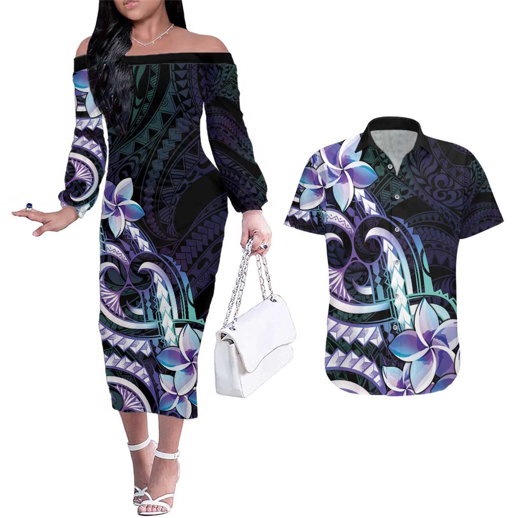 Polynesian Art Tattoo Couples Matching Off The Shoulder Long Sleeve Dress and Hawaiian Shirt Plumeria Flowers Turquoise Gradient