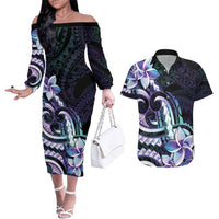 Polynesian Art Tattoo Couples Matching Off The Shoulder Long Sleeve Dress and Hawaiian Shirt Plumeria Flowers Turquoise Gradient