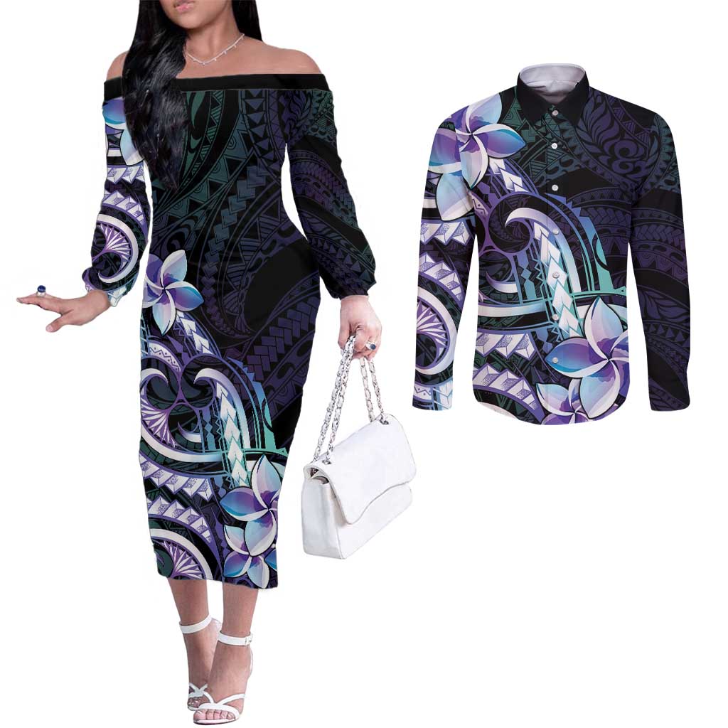 Polynesian Art Tattoo Couples Matching Off The Shoulder Long Sleeve Dress and Long Sleeve Button Shirt Plumeria Flowers Turquoise Gradient