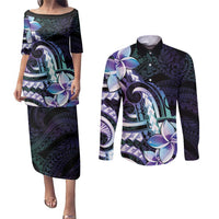 Polynesian Art Tattoo Couples Matching Puletasi and Long Sleeve Button Shirt Plumeria Flowers Turquoise Gradient