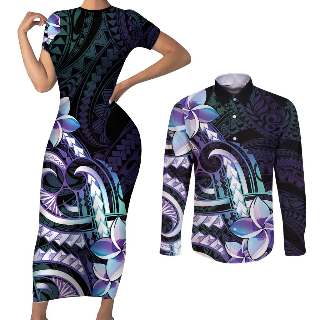 Polynesian Art Tattoo Couples Matching Short Sleeve Bodycon Dress and Long Sleeve Button Shirt Plumeria Flowers Turquoise Gradient