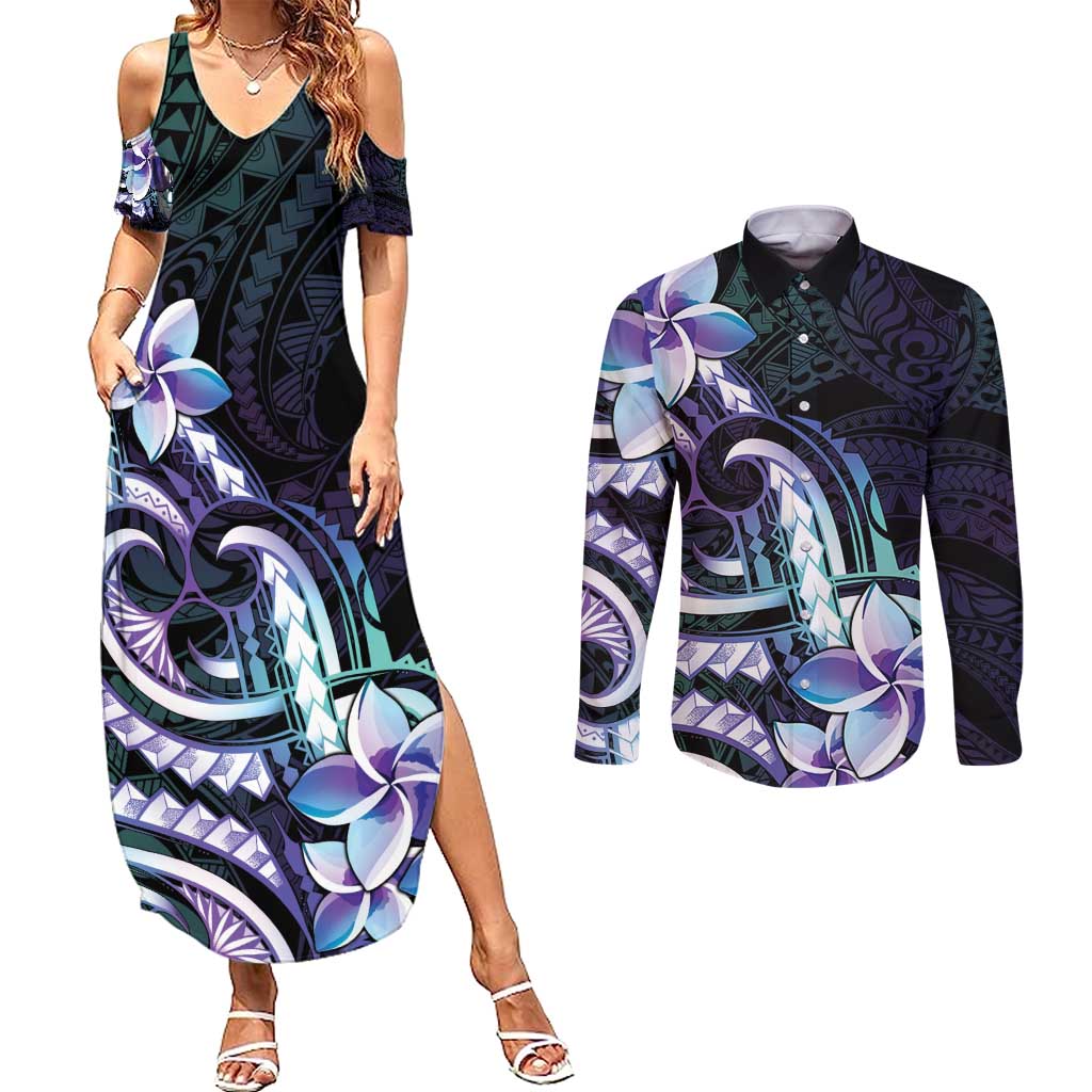 Polynesian Art Tattoo Couples Matching Summer Maxi Dress and Long Sleeve Button Shirt Plumeria Flowers Turquoise Gradient