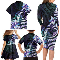 Polynesian Art Tattoo Family Matching Long Sleeve Bodycon Dress and Hawaiian Shirt Plumeria Flowers Turquoise Gradient LT05 - Polynesian Pride