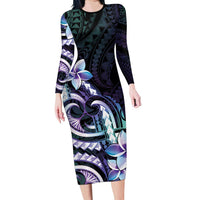 Polynesian Art Tattoo Family Matching Long Sleeve Bodycon Dress and Hawaiian Shirt Plumeria Flowers Turquoise Gradient LT05 Mom's Dress Turquoise - Polynesian Pride