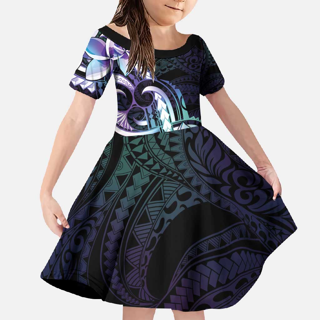 Polynesian Art Tattoo Family Matching Mermaid Dress and Hawaiian Shirt Plumeria Flowers Turquoise Gradient LT05 Daughter's Dress Turquoise - Polynesian Pride