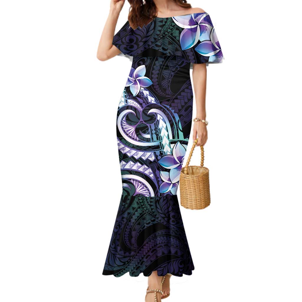 Polynesian Art Tattoo Family Matching Mermaid Dress and Hawaiian Shirt Plumeria Flowers Turquoise Gradient LT05 Mom's Dress Turquoise - Polynesian Pride