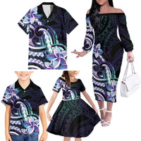 Polynesian Art Tattoo Family Matching Off The Shoulder Long Sleeve Dress and Hawaiian Shirt Plumeria Flowers Turquoise Gradient LT05 - Polynesian Pride