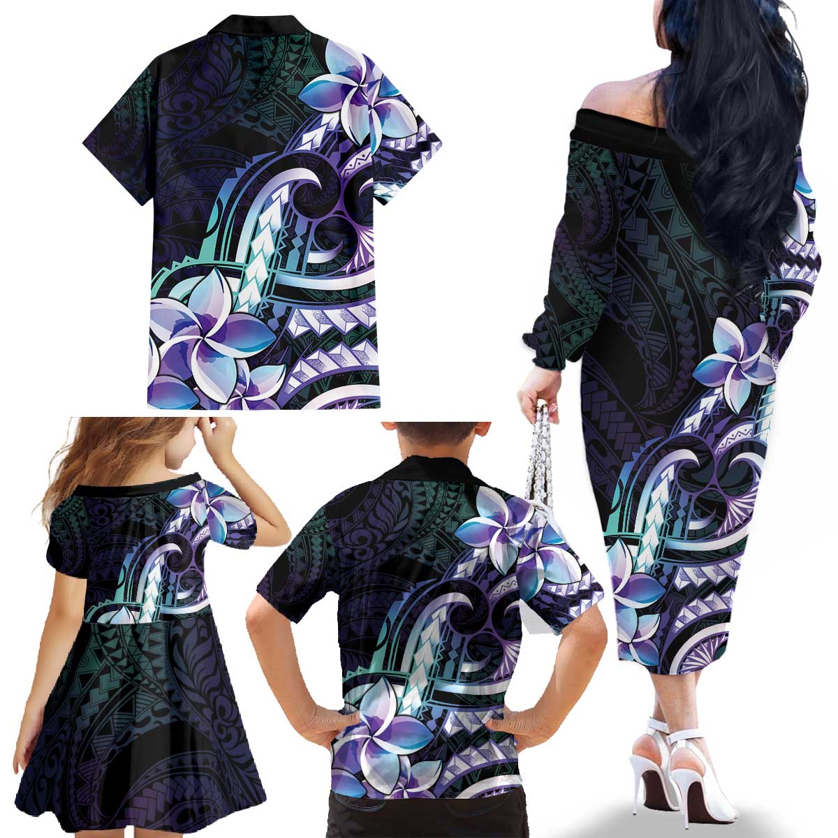 Polynesian Art Tattoo Family Matching Off The Shoulder Long Sleeve Dress and Hawaiian Shirt Plumeria Flowers Turquoise Gradient LT05 - Polynesian Pride
