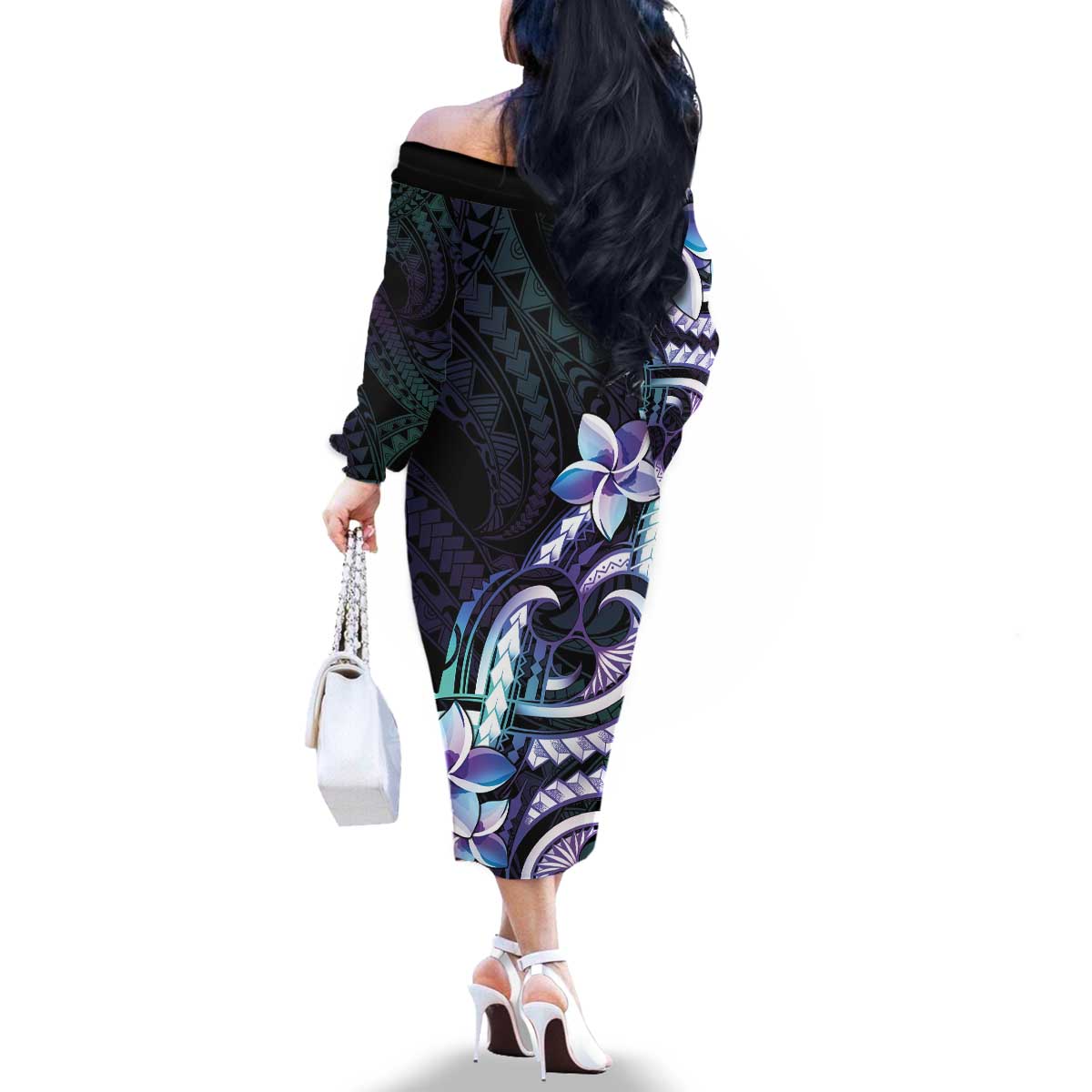 Polynesian Art Tattoo Family Matching Off The Shoulder Long Sleeve Dress and Hawaiian Shirt Plumeria Flowers Turquoise Gradient LT05 - Polynesian Pride