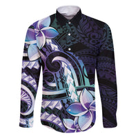 Polynesian Art Tattoo Family Matching Off Shoulder Maxi Dress and Hawaiian Shirt Plumeria Flowers Turquoise Gradient LT05 Dad's Shirt - Long Sleeve Turquoise - Polynesian Pride