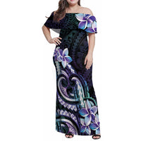 Polynesian Art Tattoo Family Matching Off Shoulder Maxi Dress and Hawaiian Shirt Plumeria Flowers Turquoise Gradient LT05 Mom's Dress Turquoise - Polynesian Pride