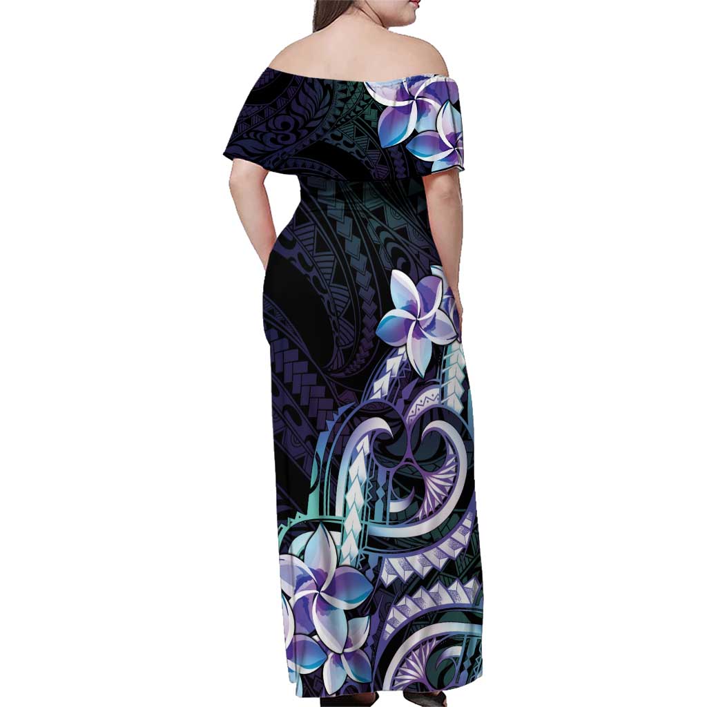 Polynesian Art Tattoo Family Matching Off Shoulder Maxi Dress and Hawaiian Shirt Plumeria Flowers Turquoise Gradient LT05 - Polynesian Pride