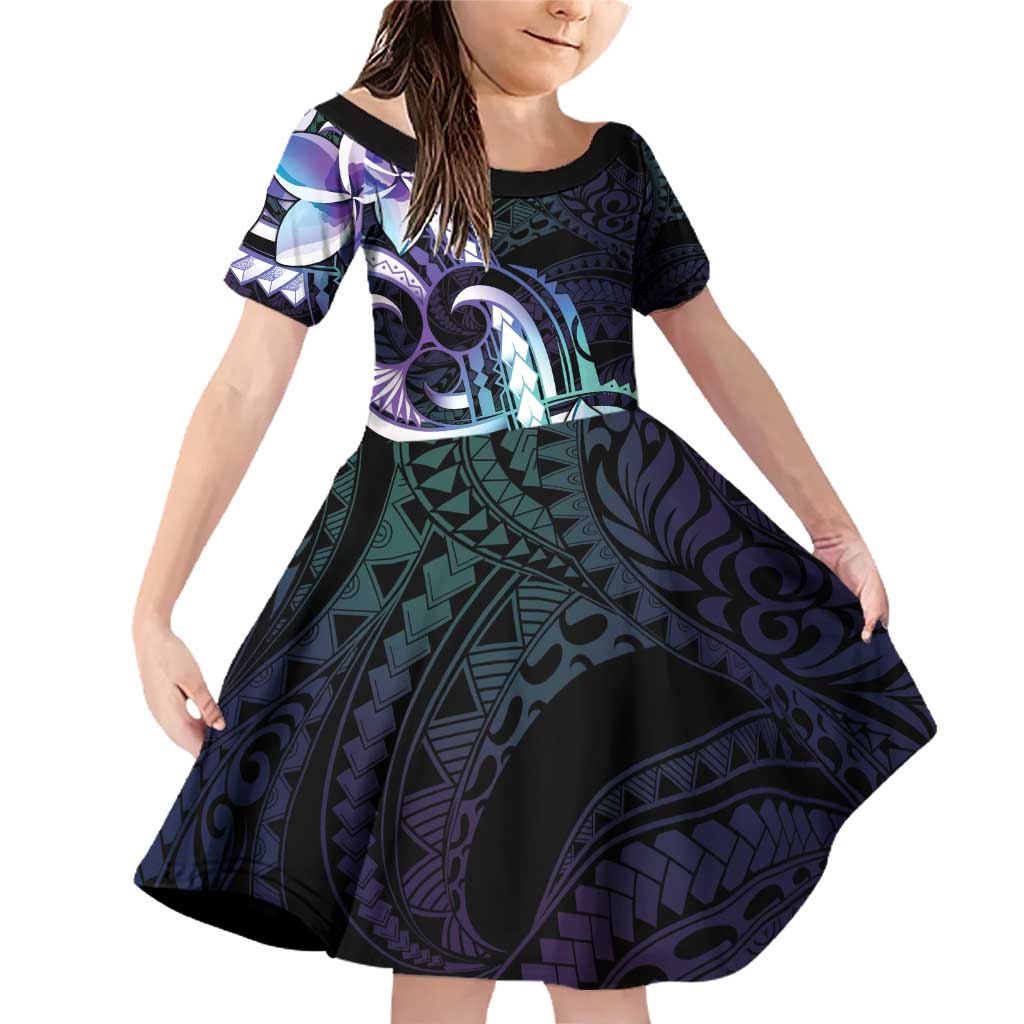Polynesian Art Tattoo Family Matching Off Shoulder Short Dress and Hawaiian Shirt Plumeria Flowers Turquoise Gradient LT05 Daughter's Dress Turquoise - Polynesian Pride