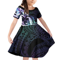 Polynesian Art Tattoo Family Matching Off Shoulder Short Dress and Hawaiian Shirt Plumeria Flowers Turquoise Gradient LT05 Daughter's Dress Turquoise - Polynesian Pride