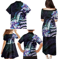 Polynesian Art Tattoo Family Matching Puletasi and Hawaiian Shirt Plumeria Flowers Turquoise Gradient