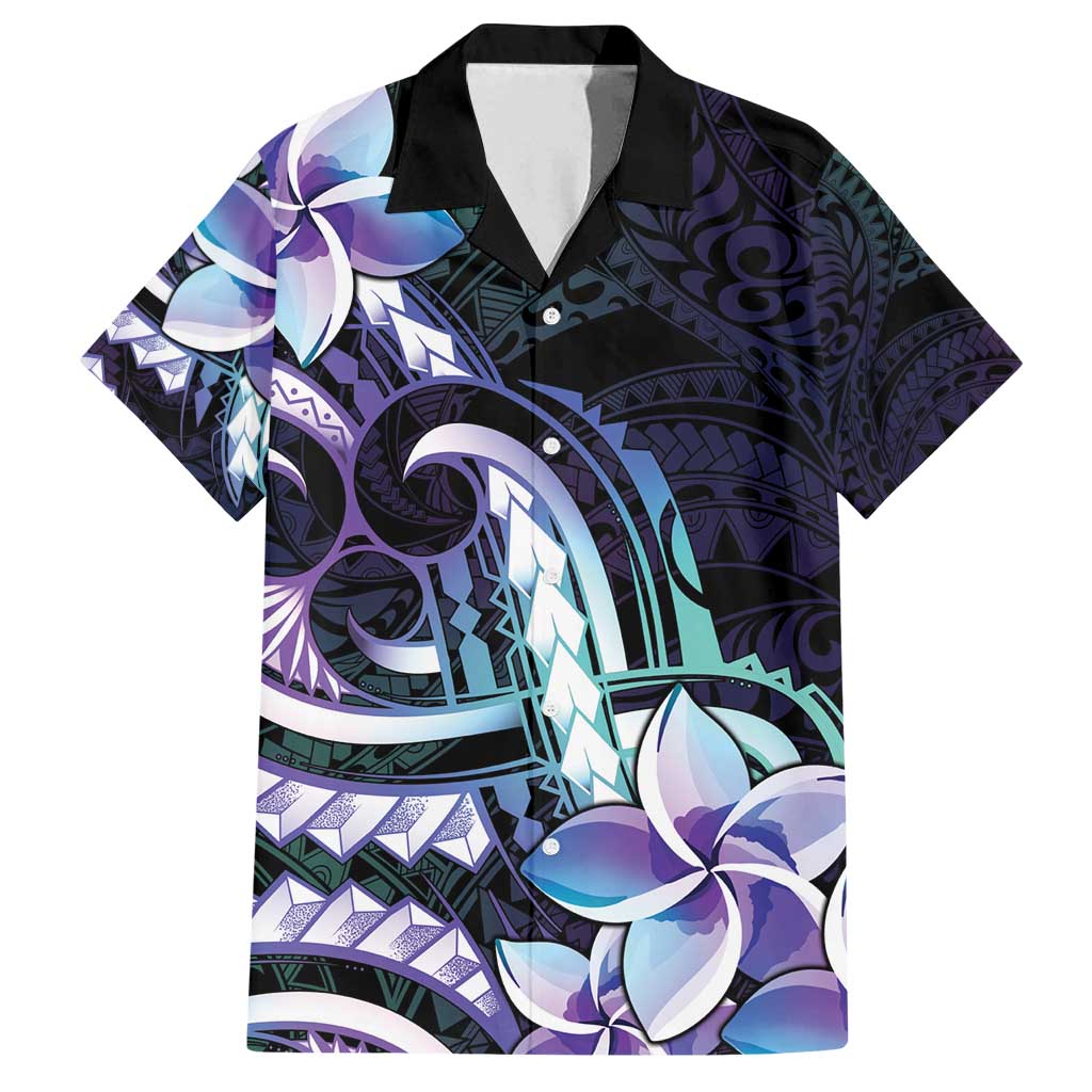 Polynesian Art Tattoo Family Matching Puletasi and Hawaiian Shirt Plumeria Flowers Turquoise Gradient
