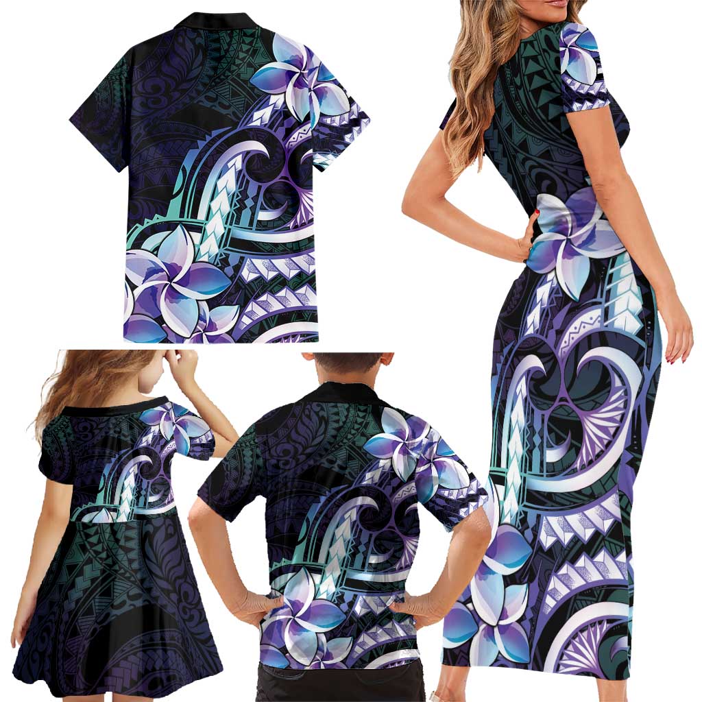 Polynesian Art Tattoo Family Matching Short Sleeve Bodycon Dress and Hawaiian Shirt Plumeria Flowers Turquoise Gradient LT05 - Polynesian Pride