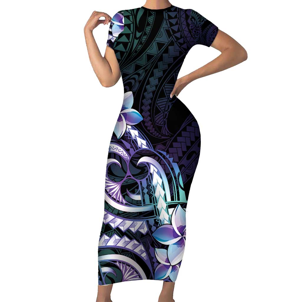 Polynesian Art Tattoo Family Matching Short Sleeve Bodycon Dress and Hawaiian Shirt Plumeria Flowers Turquoise Gradient LT05 Mom's Dress Turquoise - Polynesian Pride