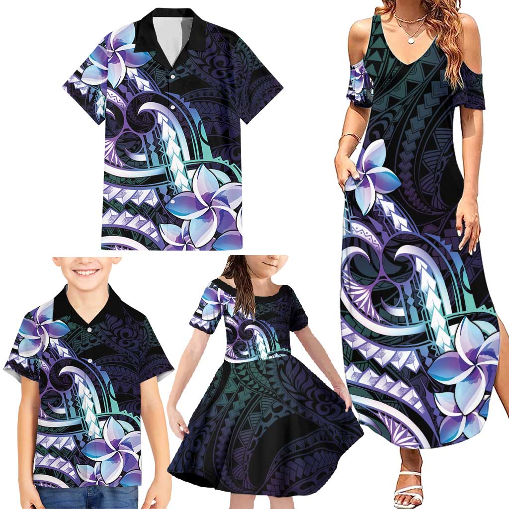Polynesian Art Tattoo Family Matching Summer Maxi Dress and Hawaiian Shirt Plumeria Flowers Turquoise Gradient