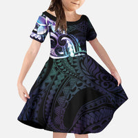 Polynesian Art Tattoo Family Matching Tank Maxi Dress and Hawaiian Shirt Plumeria Flowers Turquoise Gradient LT05 Daughter's Dress Turquoise - Polynesian Pride