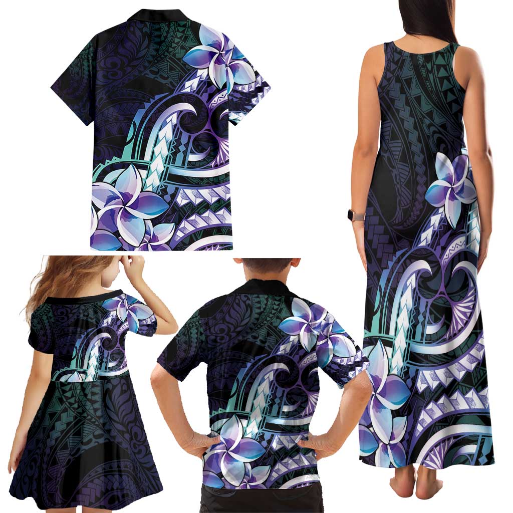 Polynesian Art Tattoo Family Matching Tank Maxi Dress and Hawaiian Shirt Plumeria Flowers Turquoise Gradient LT05 - Polynesian Pride
