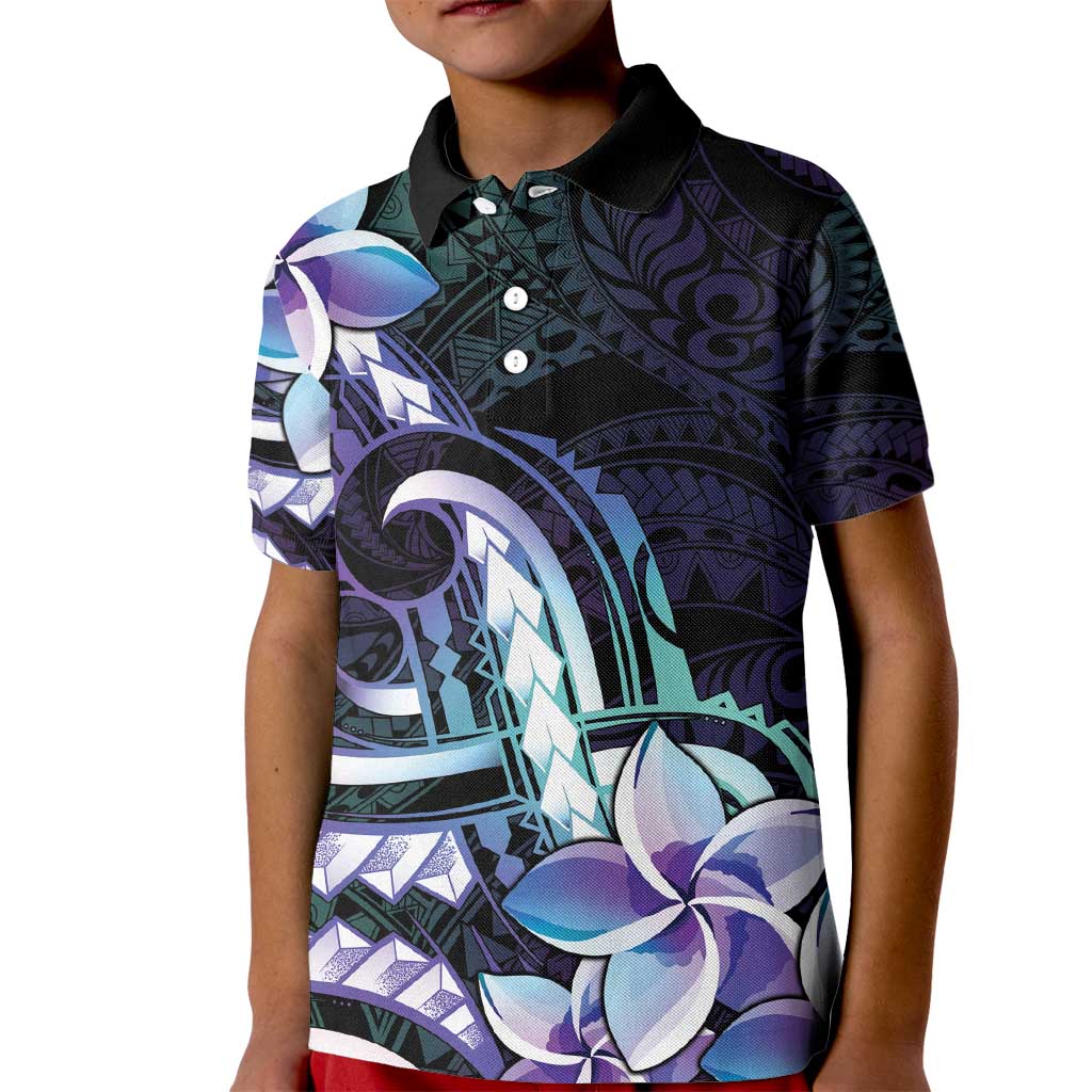 Polynesian Art Tattoo Kid Polo Shirt Plumeria Flowers Turquoise Gradient