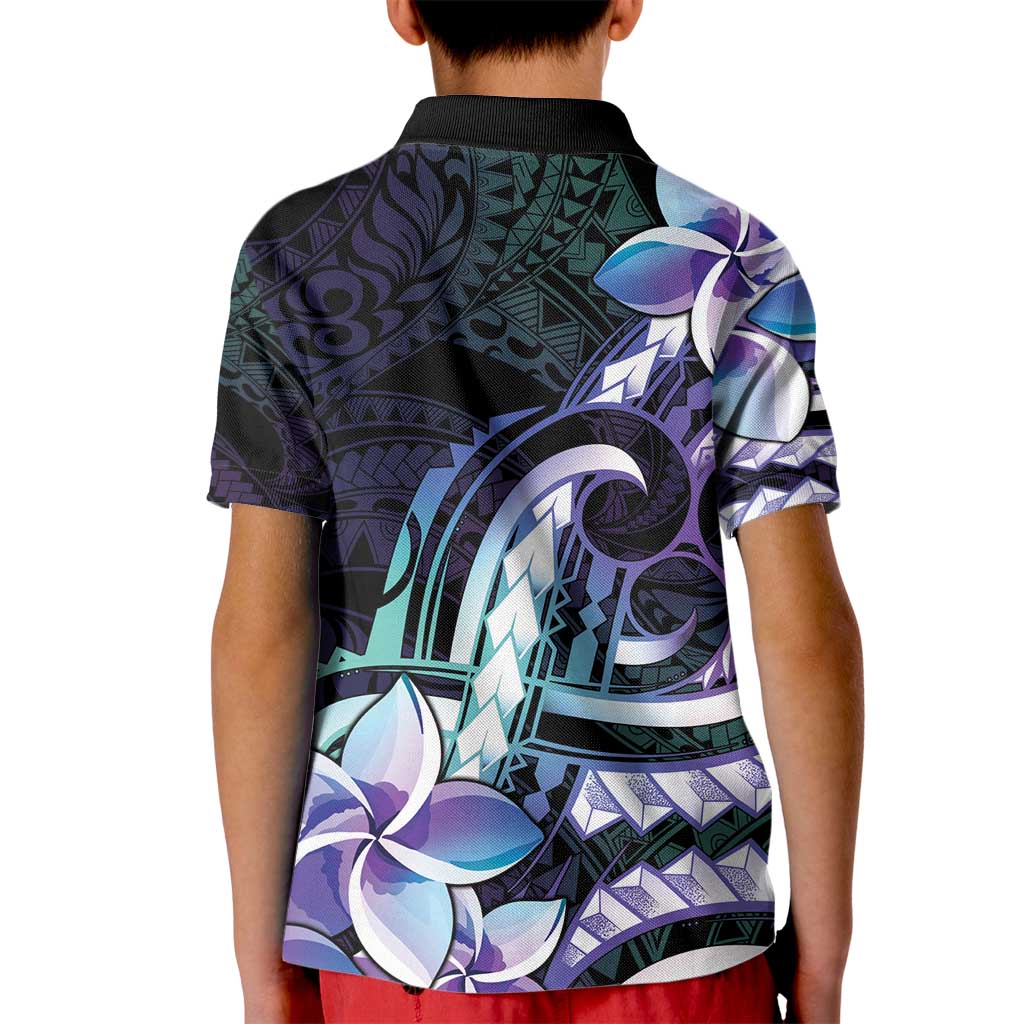 Polynesian Art Tattoo Kid Polo Shirt Plumeria Flowers Turquoise Gradient