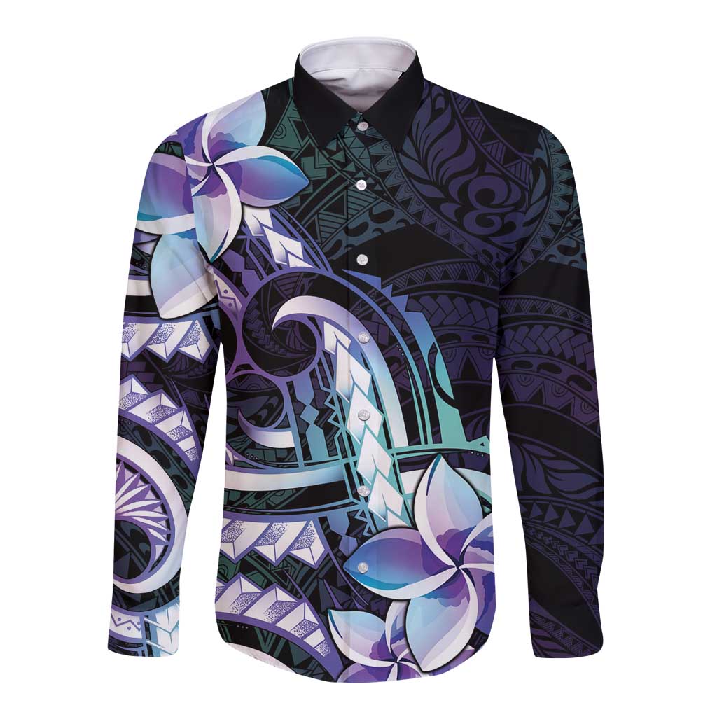 Polynesian Art Tattoo Long Sleeve Button Shirt Plumeria Flowers Turquoise Gradient