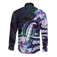 Polynesian Art Tattoo Long Sleeve Button Shirt Plumeria Flowers Turquoise Gradient