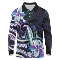 Polynesian Art Tattoo Long Sleeve Polo Shirt Plumeria Flowers Turquoise Gradient
