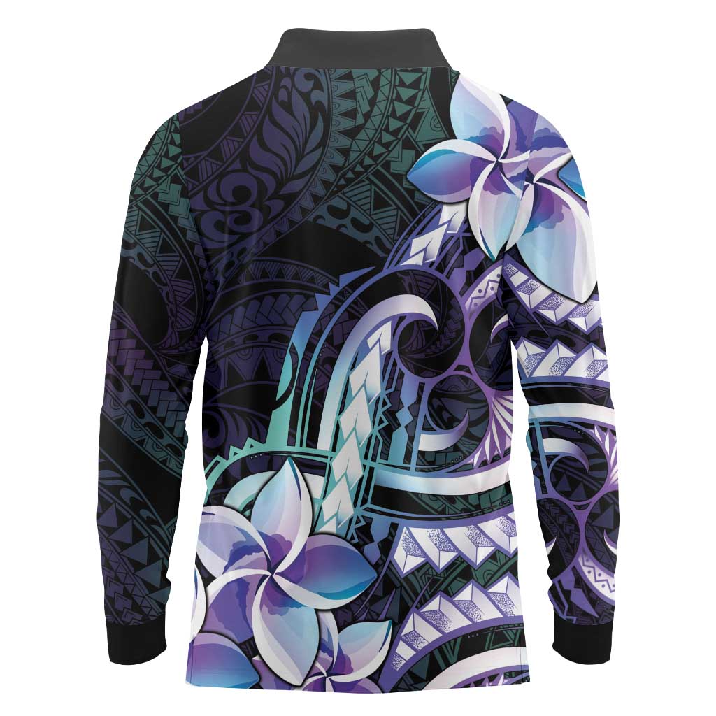 Polynesian Art Tattoo Long Sleeve Polo Shirt Plumeria Flowers Turquoise Gradient