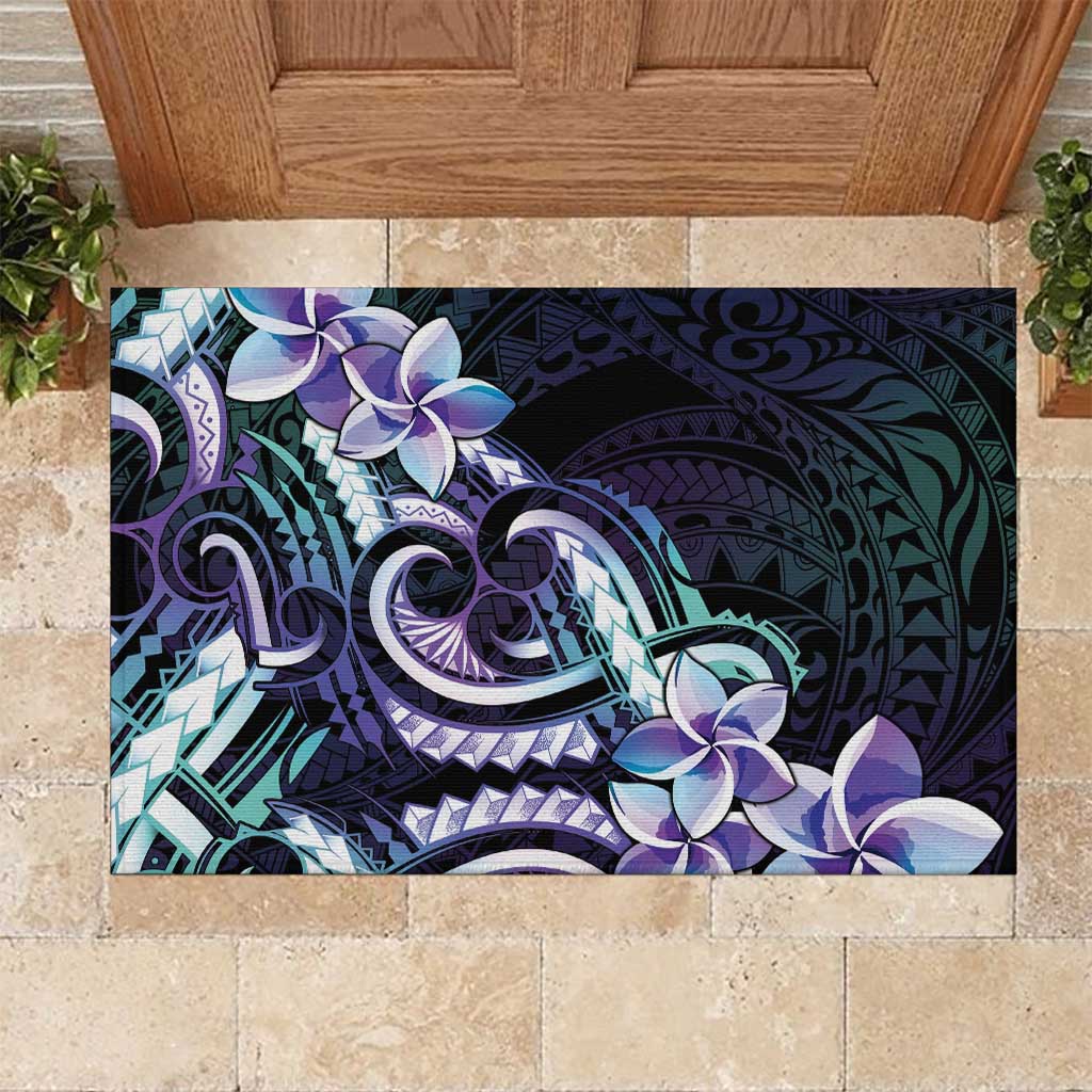 Polynesian Art Tattoo Rubber Doormat Plumeria Flowers Turquoise Gradient