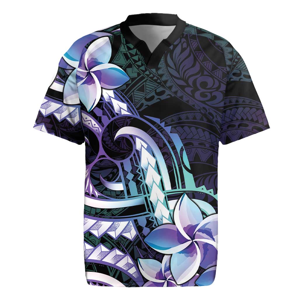 Polynesian Art Tattoo Rugby Jersey Plumeria Flowers Turquoise Gradient LT05 Turquoise - Polynesian Pride