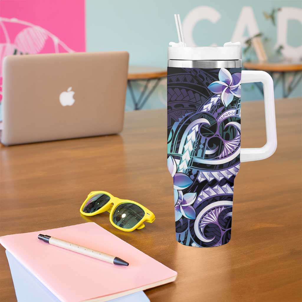 Polynesian Art Tattoo Tumbler With Handle Plumeria Flowers Turquoise Gradient