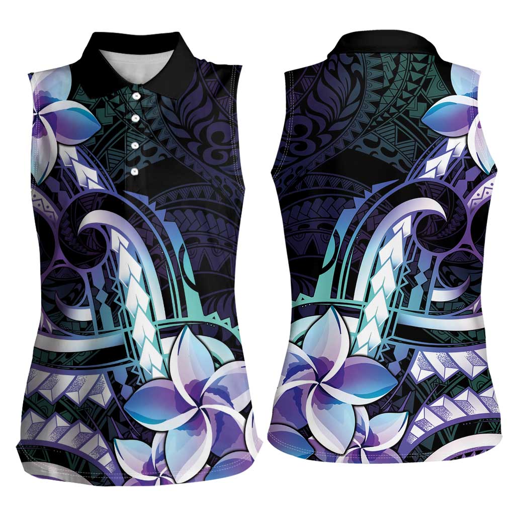 Polynesian Art Tattoo Women Sleeveless Polo Shirt Plumeria Flowers Turquoise Gradient