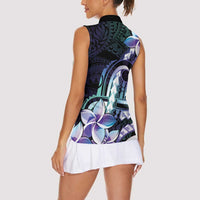 Polynesian Art Tattoo Women Sleeveless Polo Shirt Plumeria Flowers Turquoise Gradient