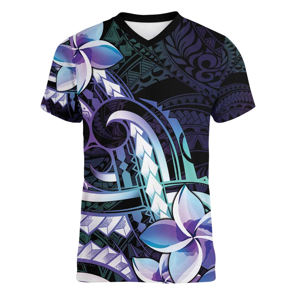 Polynesian Art Tattoo Women V-Neck T-Shirt Plumeria Flowers Turquoise Gradient